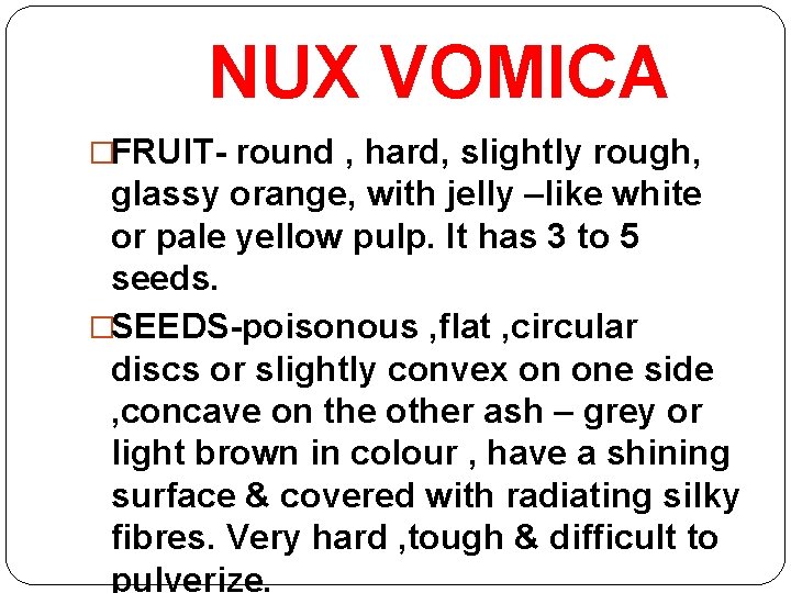 NUX VOMICA �FRUIT- round , hard, slightly rough, glassy orange, with jelly –like white