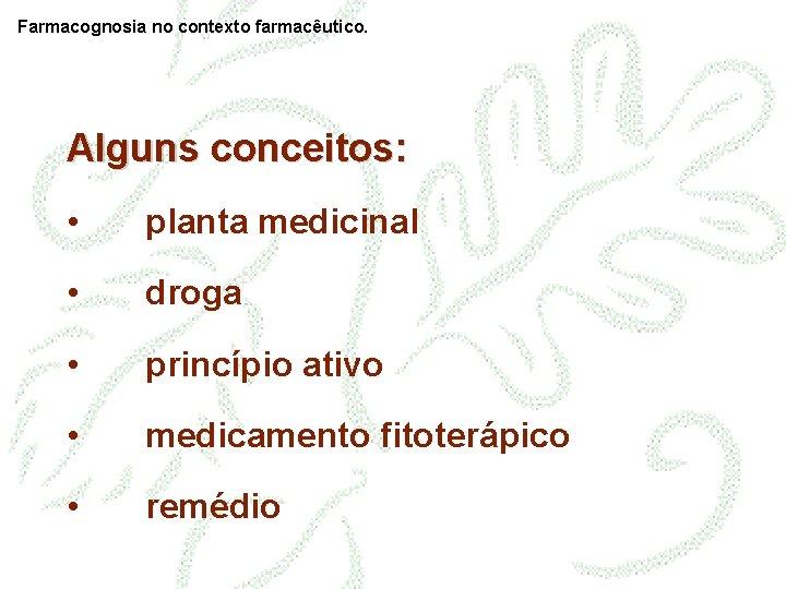 Farmacognosia no contexto farmacêutico. Alguns conceitos: • planta medicinal • droga • princípio ativo