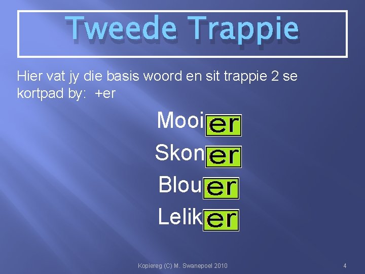 Tweede Trappie Hier vat jy die basis woord en sit trappie 2 se kortpad