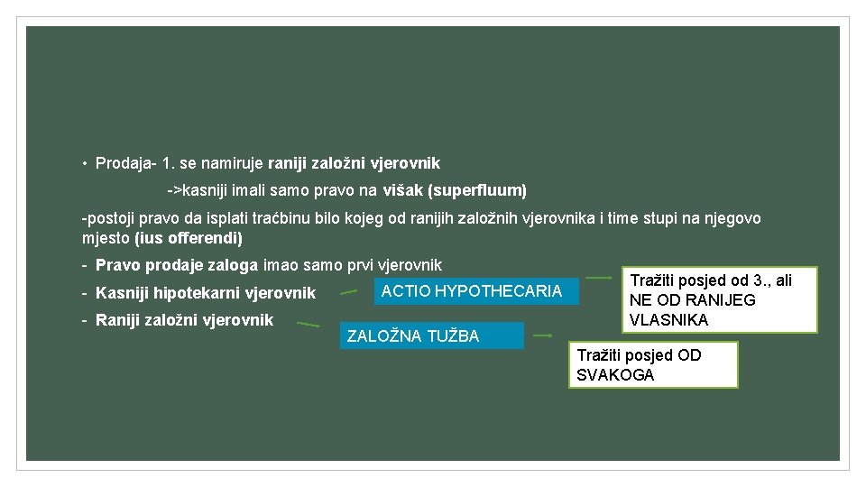 • Prodaja- 1. se namiruje raniji založni vjerovnik ->kasniji imali samo pravo na • Prodaja- 1. se namiruje raniji založni vjerovnik ->kasniji imali samo pravo na
