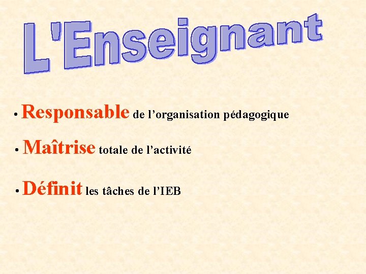  • Responsable de l’organisation pédagogique • Maîtrise totale de l’activité • Définit les