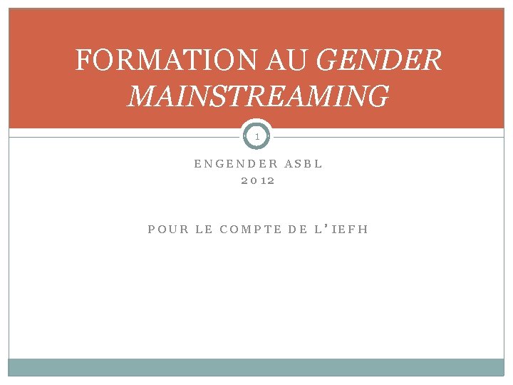 FORMATION AU GENDER MAINSTREAMING 1 ENGENDER ASBL 2012 POUR LE COMPTE DE L’IEFH 