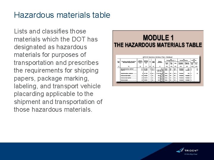 Hazardous materials table Lists and classifies those materials which the DOT has designated as
