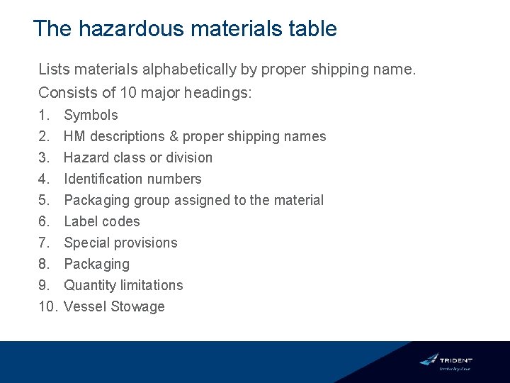 The hazardous materials table Lists materials alphabetically by proper shipping name. Consists of 10