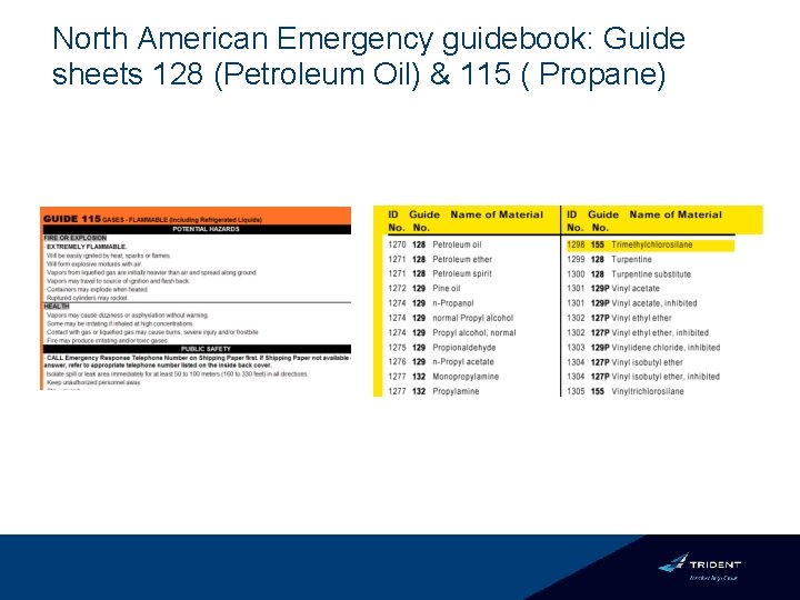 North American Emergency guidebook: Guide sheets 128 (Petroleum Oil) & 115 ( Propane) 