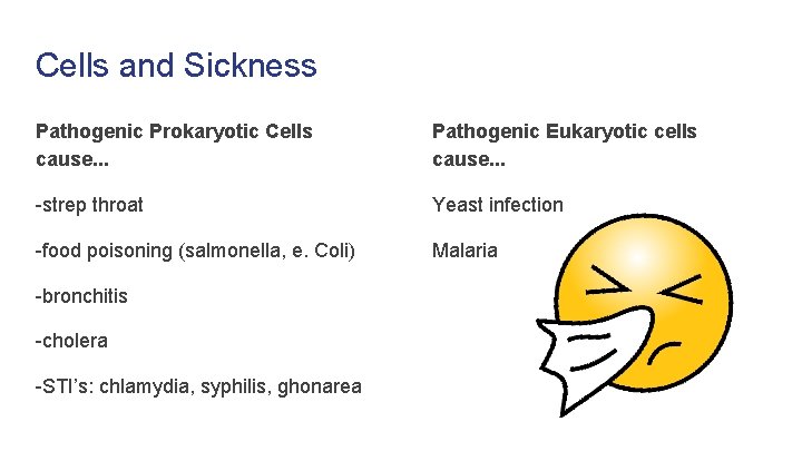 Cells and Sickness Pathogenic Prokaryotic Cells cause. . . Pathogenic Eukaryotic cells cause. .