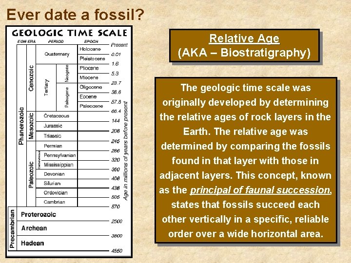 Ever date a fossil? Relative Age (AKA – Biostratigraphy) The geologic time scale was