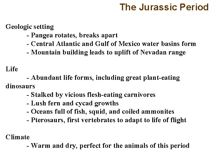 The Jurassic Period Geologic setting - Pangea rotates, breaks apart - Central Atlantic and