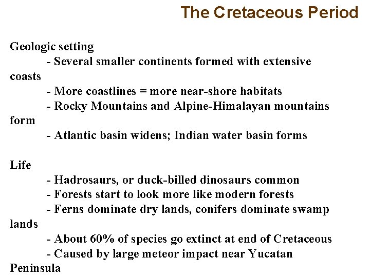 The Cretaceous Period Geologic setting - Several smaller continents formed with extensive coasts -