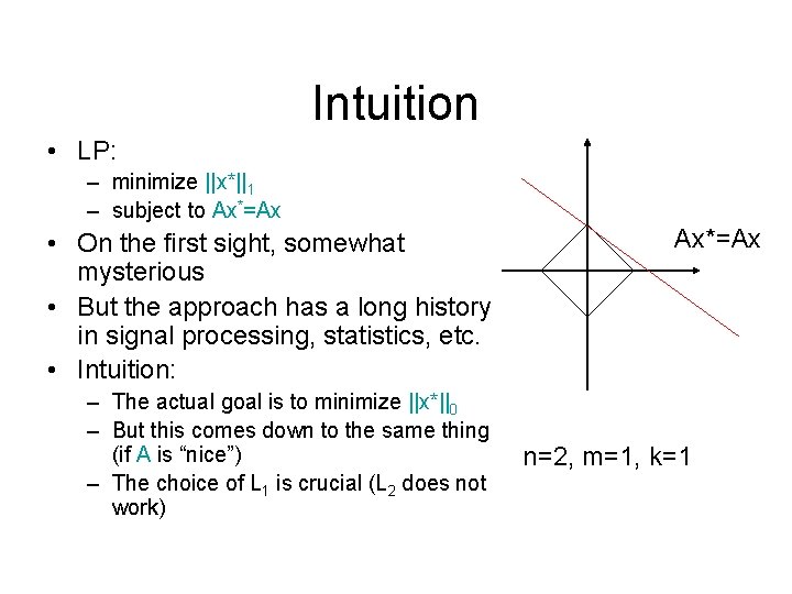 Intuition • LP: – minimize ||x*||1 – subject to Ax*=Ax • On the first