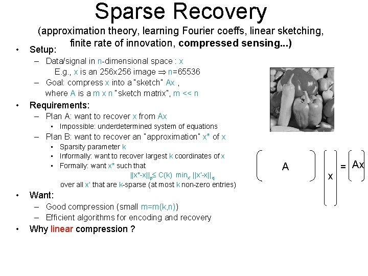 Sparse Recovery • (approximation theory, learning Fourier coeffs, linear sketching, finite rate of innovation,