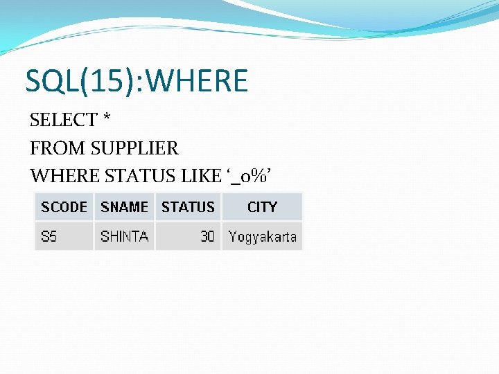 SQL(15): WHERE SELECT * FROM SUPPLIER WHERE STATUS LIKE ‘_o%’ 