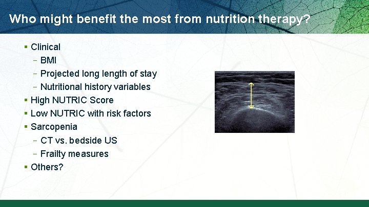 Who might benefit the most from nutrition therapy? § Clinical –BMI –Projected long length