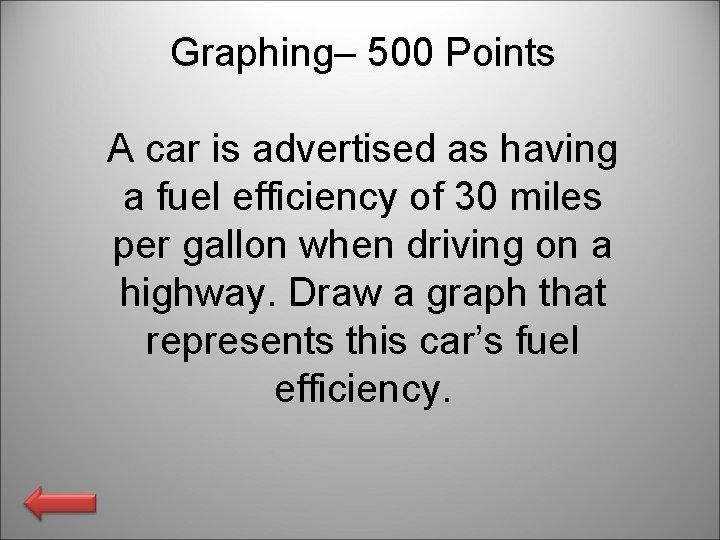 Graphing– 500 Points A car is advertised as having a fuel efficiency of 30