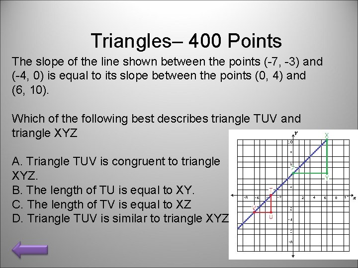 Triangles– 400 Points The slope of the line shown between the points (-7, -3)