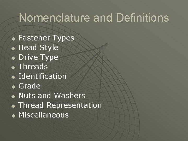 Nomenclature and Definitions u u u u u Fastener Types Head Style Drive Type