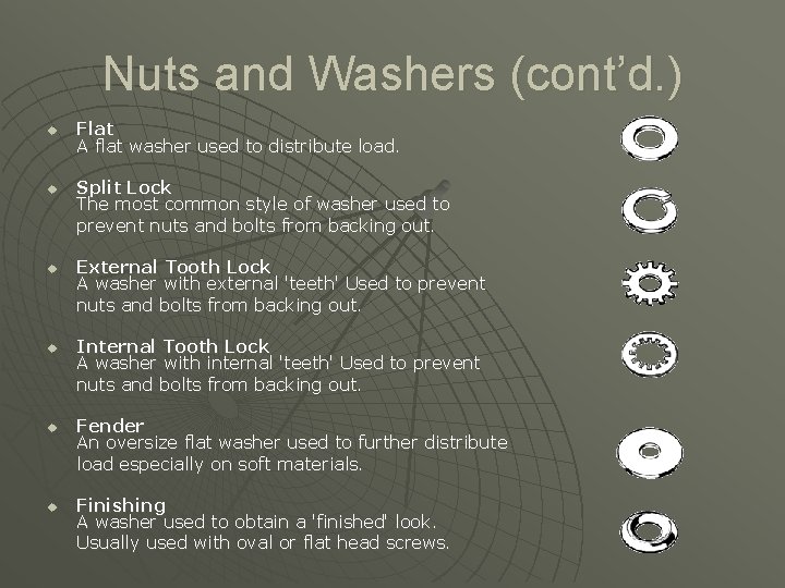 Nuts and Washers (cont’d. ) u u u Flat A flat washer used to