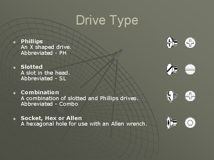 Drive Type u u Phillips An X shaped drive. Abbreviated - PH Slotted A