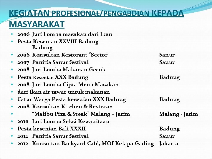 KEGIATAN PROFESIONAL/PENGABDIAN KEPADA MASYARAKAT • 2006 Juri Lomba masakan dari Ikan • Pesta Kesenian
