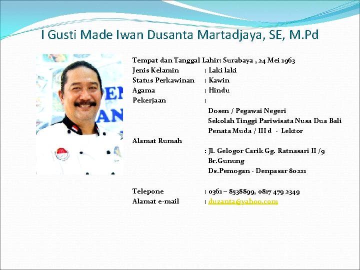 I Gusti Made Iwan Dusanta Martadjaya, SE, M. Pd Tempat dan Tanggal Lahir: Surabaya