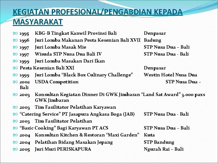 KEGIATAN PROFESIONAL/PENGABDIAN KEPADA MASYARAKAT 1995 KBG-B Tingkat Kanwil Provinsi Bali Denpasar 1996 Juri Lomba