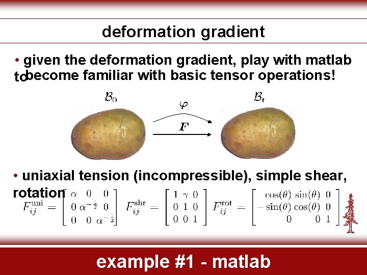 deformation gradient • given the deformation gradient, play with matlab tobecome familiar with basic