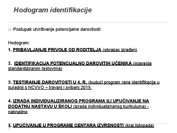 Hodogram identifikacije � Postupak utvrđivanje potencijalne darovitosti Hodogram: 1. PRIBAVLJANJE PRIVOLE OD RODITELJA (obrazac