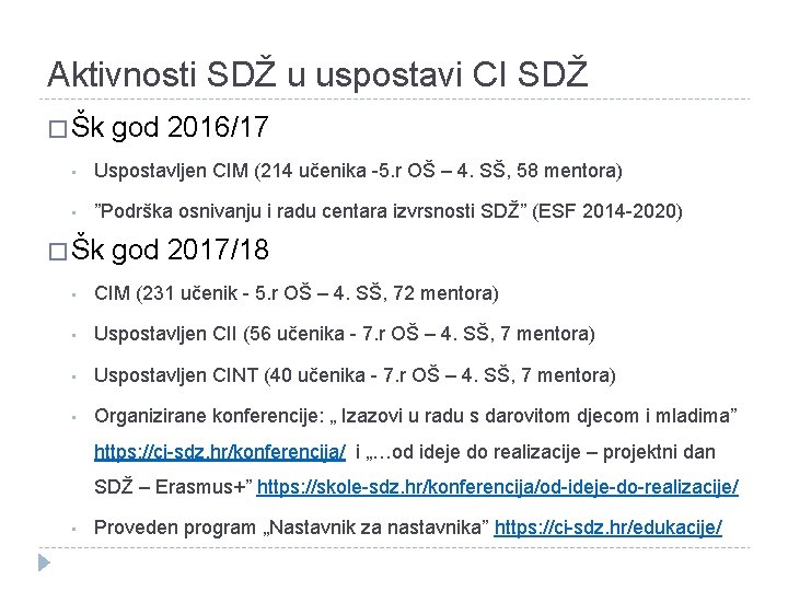 Aktivnosti SDŽ u uspostavi CI SDŽ � Šk god 2016/17 • Uspostavljen CIM (214