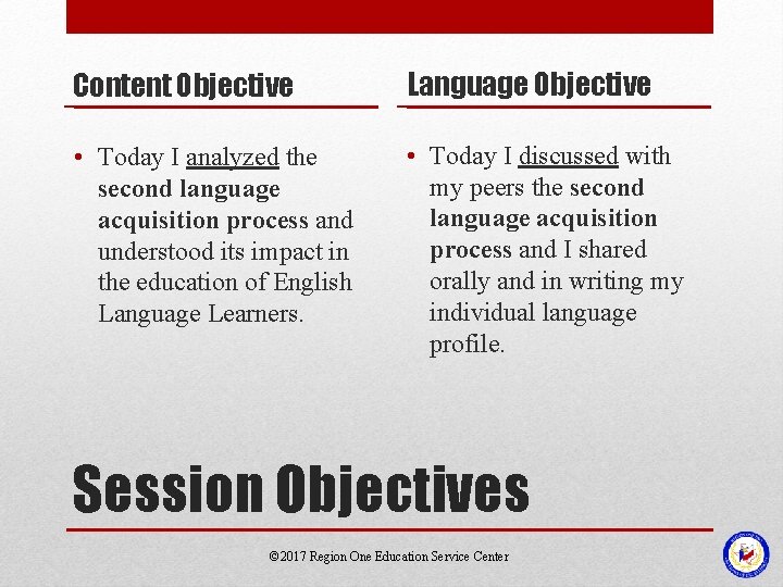 Content Objective Language Objective • Today I analyzed the second language acquisition process and