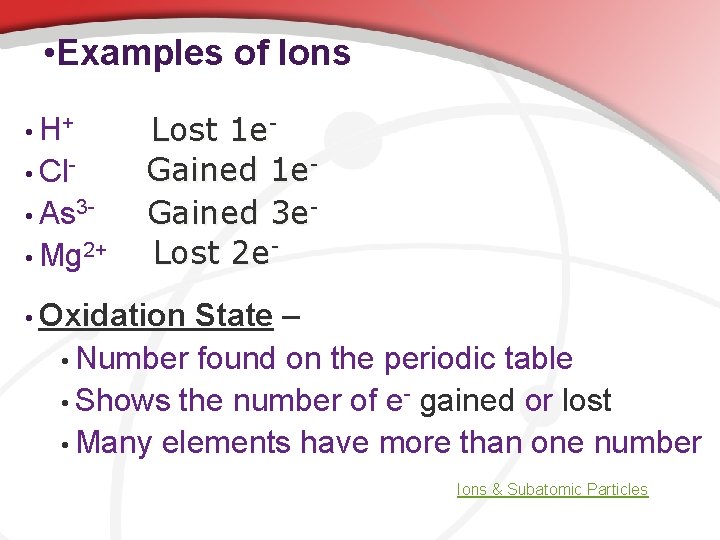  • Examples of Ions • H+ • Cl • As 3 • Mg