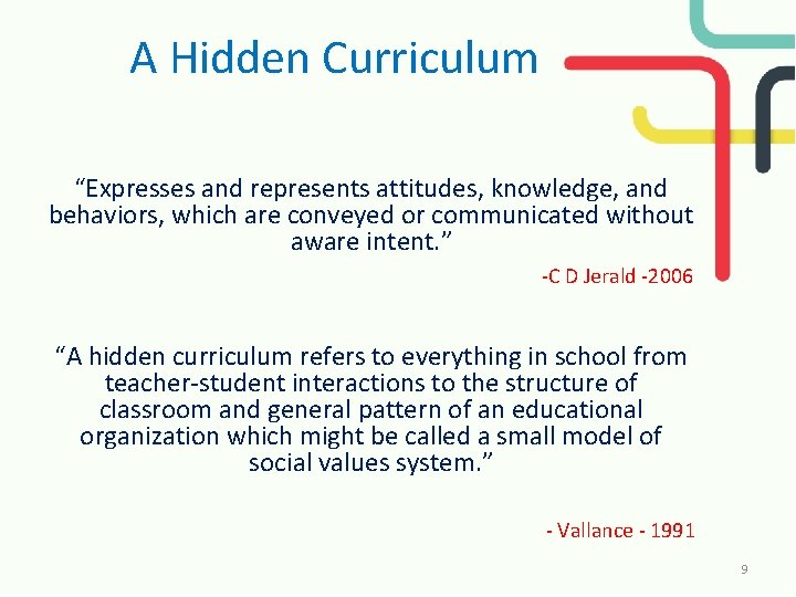 A Hidden Curriculum “Expresses and represents attitudes, knowledge, and behaviors, which are conveyed or