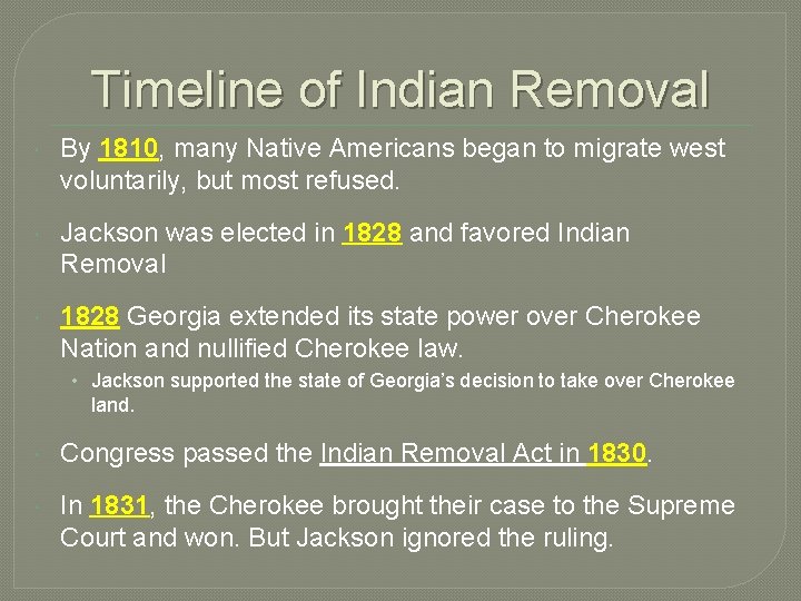 Timeline of Indian Removal By 1810, many Native Americans began to migrate west voluntarily,