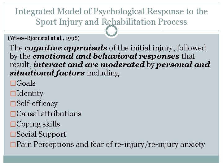 Integrated Model of Psychological Response to the Sport Injury and Rehabilitation Process (Wiese-Bjornstal at