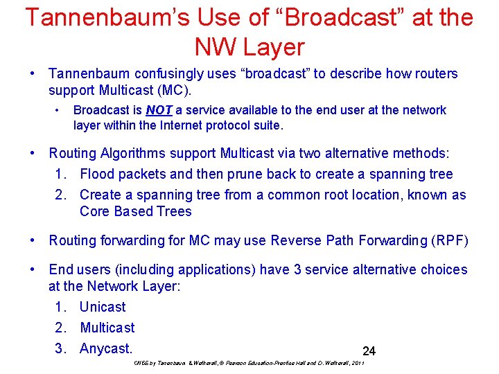 Tannenbaum’s Use of “Broadcast” at the NW Layer • Tannenbaum confusingly uses “broadcast” to