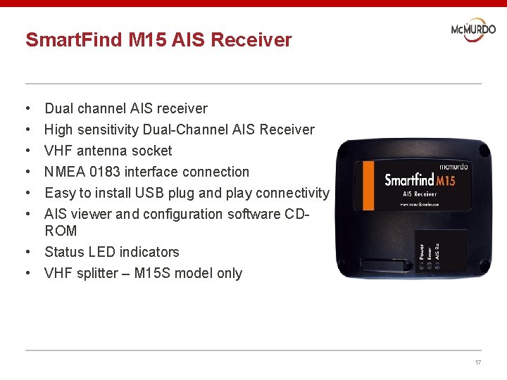 Smart. Find M 15 AIS Receiver • • • Dual channel AIS receiver High
