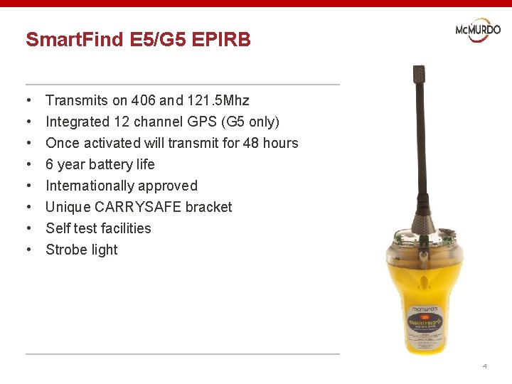 Smart. Find E 5/G 5 EPIRB • • Transmits on 406 and 121. 5