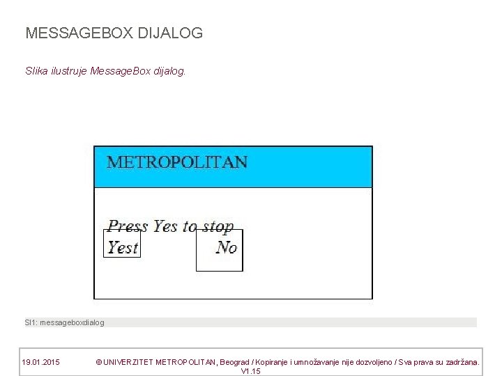 MESSAGEBOX DIJALOG Slika ilustruje Message. Box dijalog. Sl 1: messageboxdialog 19. 01. 2015 ©