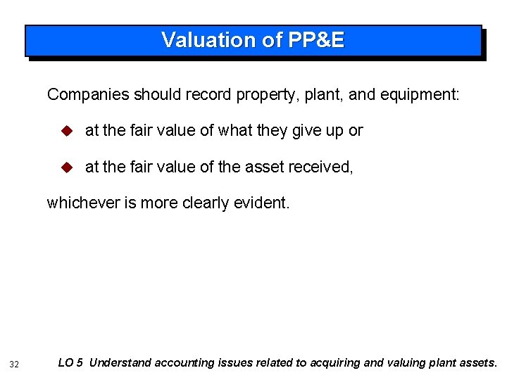 Valuation of PP&E Companies should record property, plant, and equipment: u at the fair