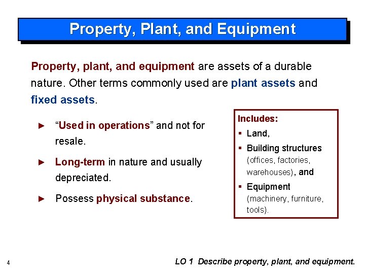 Property, Plant, and Equipment Property, plant, and equipment are assets of a durable nature.