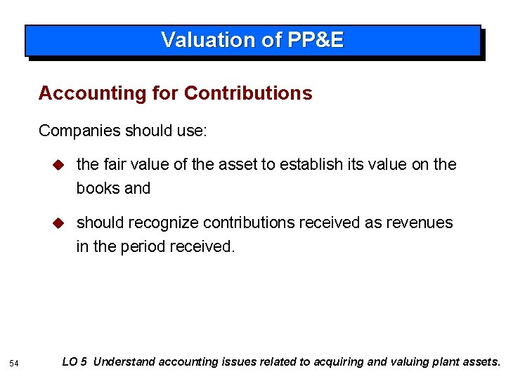 Valuation of PP&E Accounting for Contributions Companies should use: 54 u the fair value