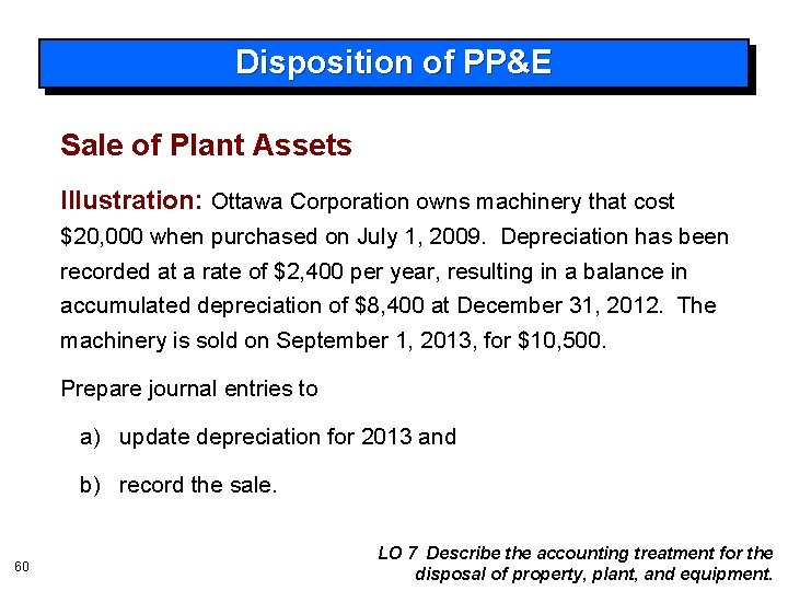 Disposition of PP&E Sale of Plant Assets Illustration: Ottawa Corporation owns machinery that cost