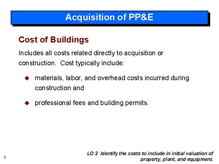 Acquisition of PP&E Cost of Buildings Includes all costs related directly to acquisition or