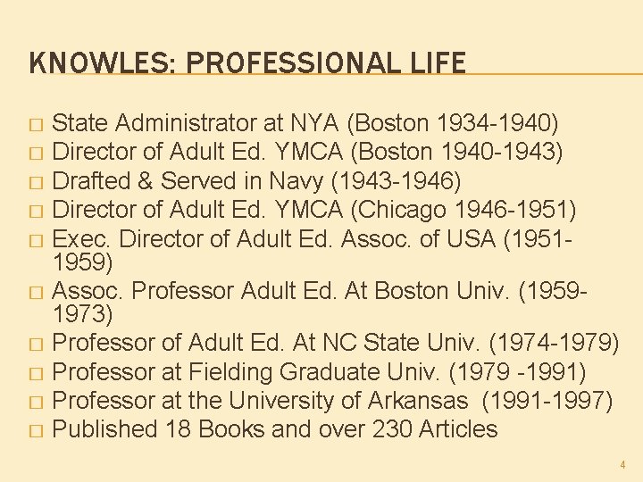 KNOWLES: PROFESSIONAL LIFE State Administrator at NYA (Boston 1934 -1940) � Director of Adult