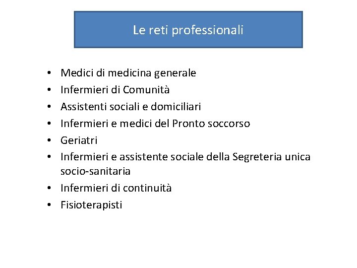 Le reti professionali Medici di medicina generale Infermieri di Comunità Assistenti sociali e domiciliari