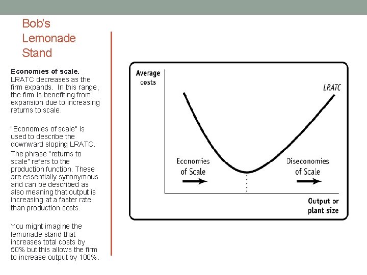 Bob’s Lemonade Stand Economies of scale. LRATC decreases as the firm expands. In this