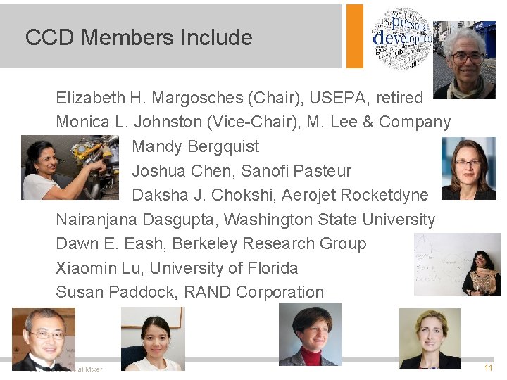 CCD Members Include Elizabeth H. Margosches (Chair), USEPA, retired Monica L. Johnston (Vice-Chair), M.
