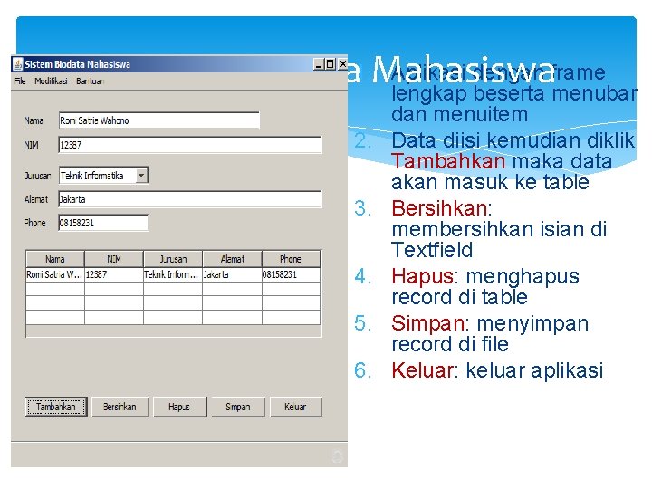 Aplikasi dengan frame Aplikasi Biodata 1. Mahasiswa lengkap beserta menubar 2. 3. 4. 5.