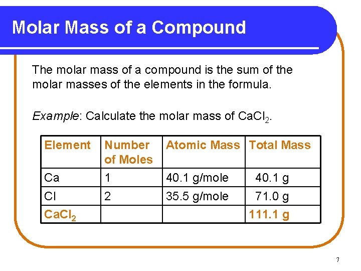 Molar Mass of a Compound The molar mass of a compound is the sum