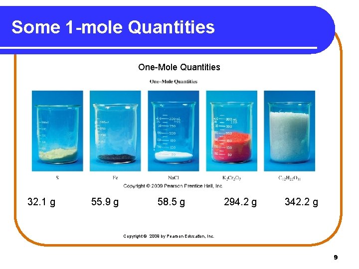 Some 1 -mole Quantities One-Mole Quantities 32. 1 g 55. 9 g 58. 5