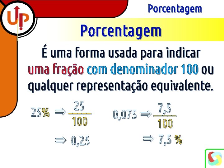 Porcentagem É uma forma usada para indicar uma fração com denominador 100 ou qualquer